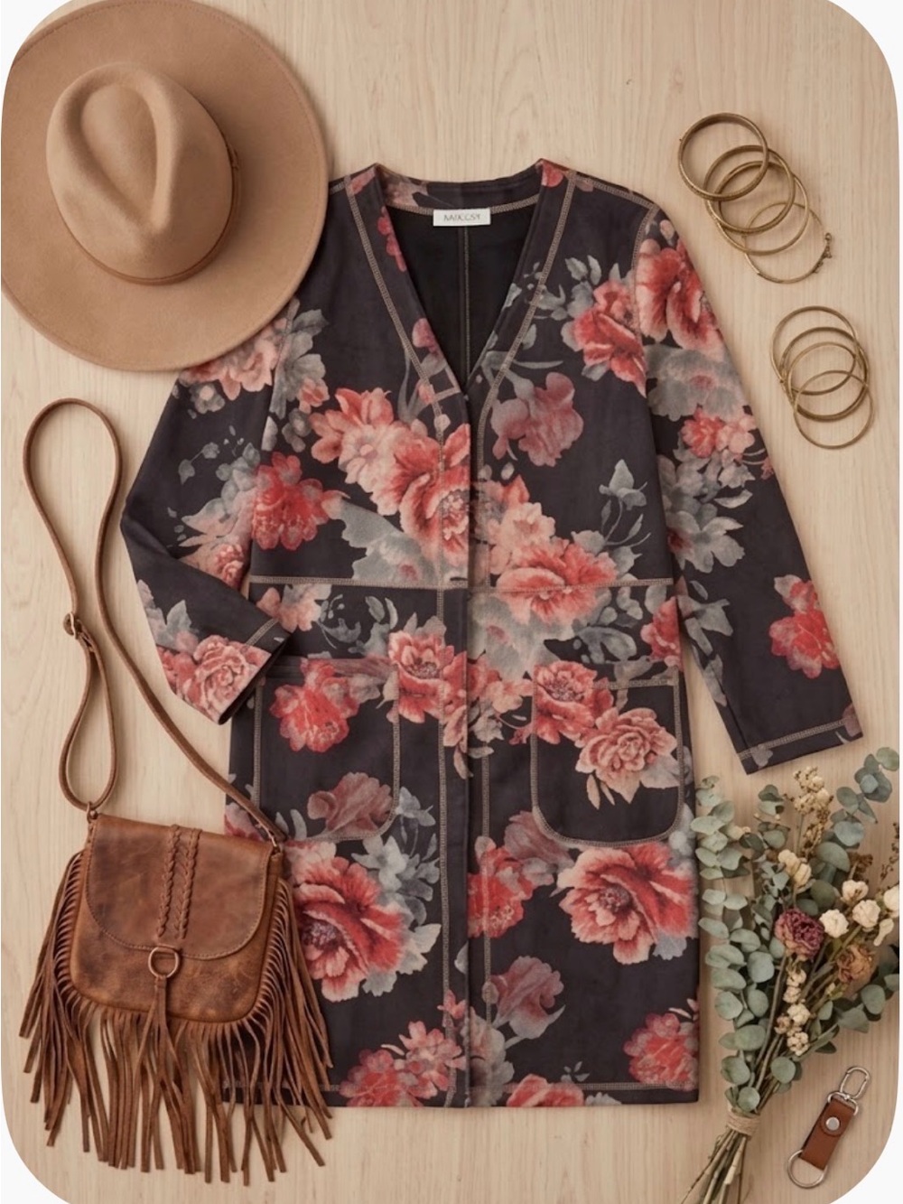 Solitaire Anthropologie Floral Faux Suede Open Front Duster Jacket Coat S Boho